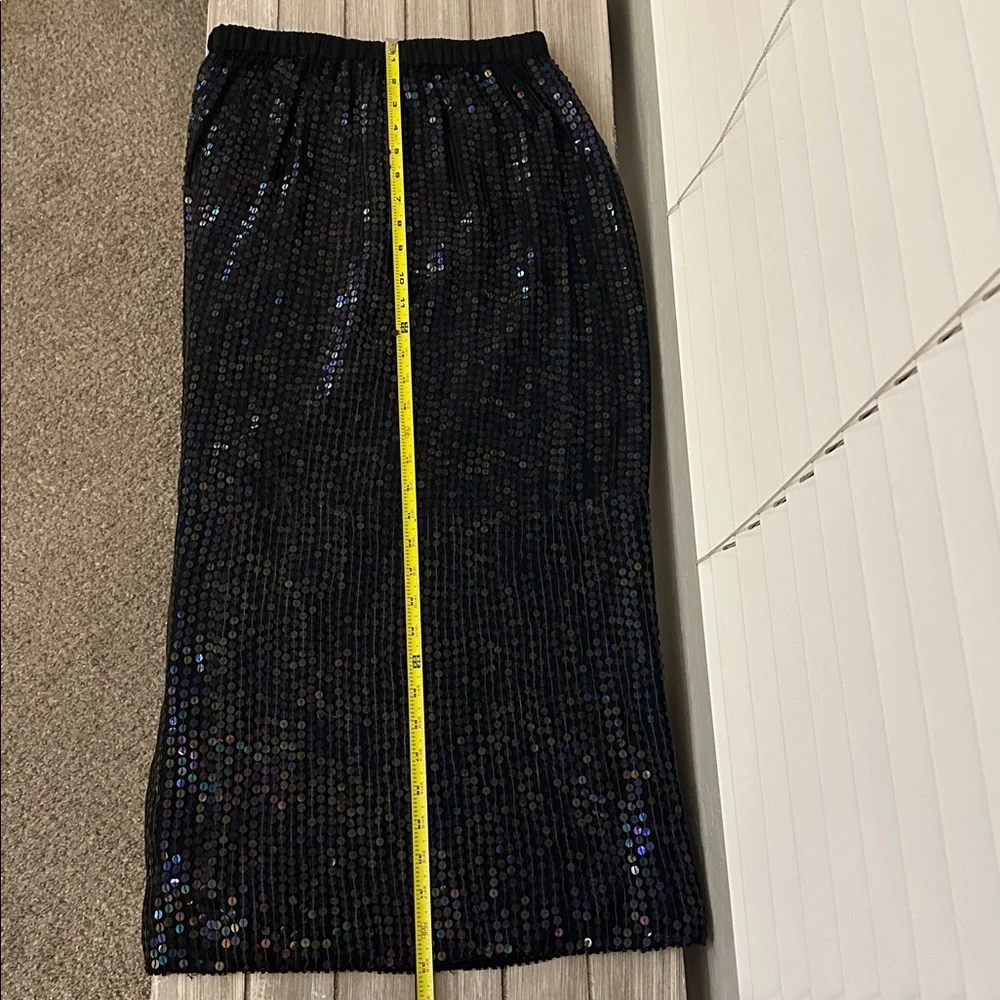 Vintage Black 100% Silk Iridescent Sequin Midi Skirt Holiday Evening Party